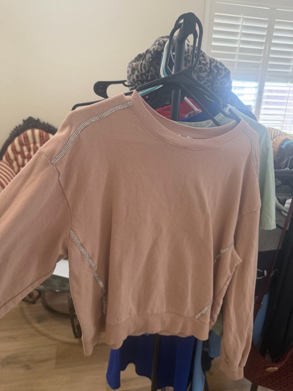 Dusty Rose Rhinestone Trim Crewneck Sweatshirt
